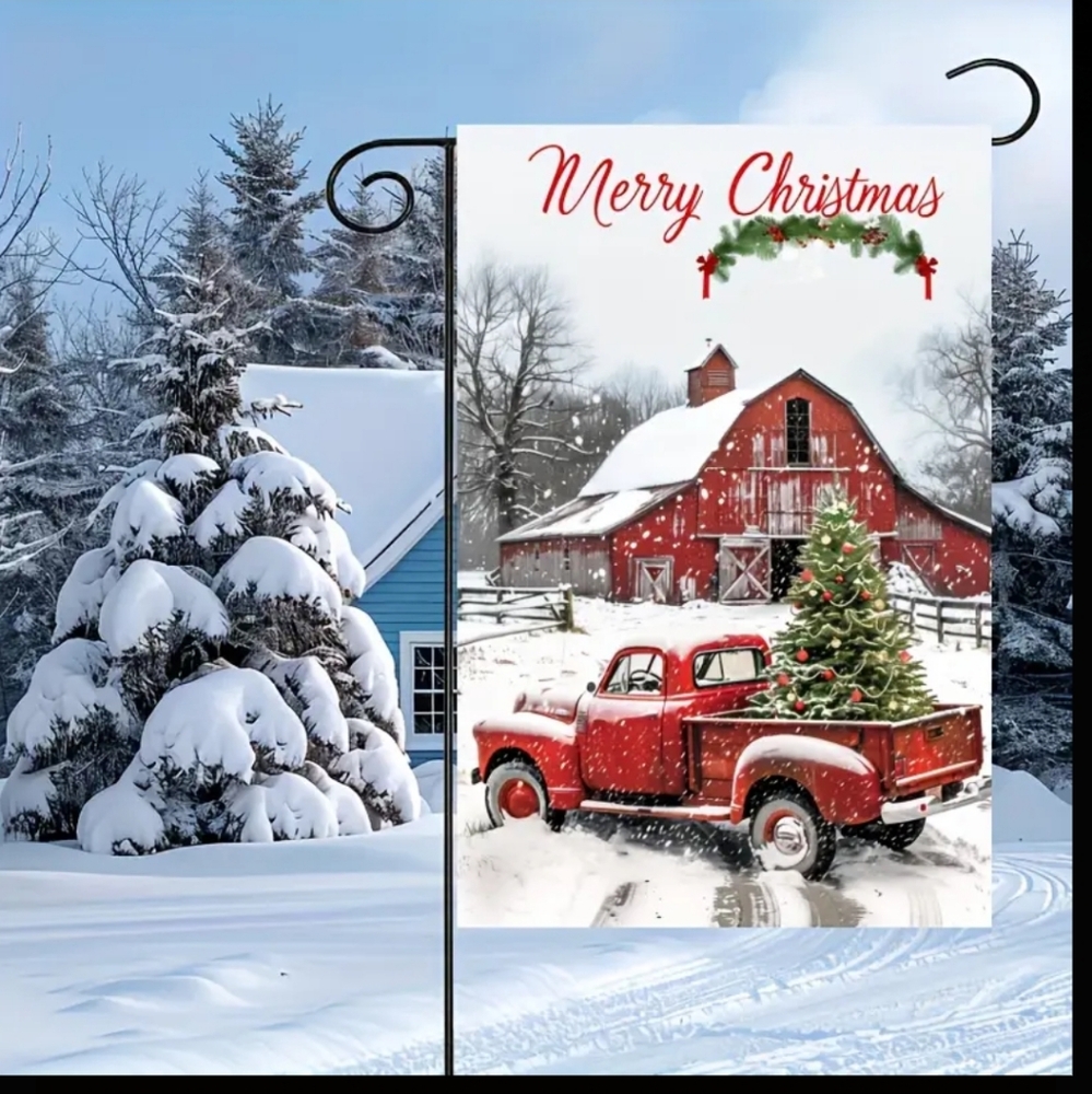 New, Red Truck old barn hanging flag decor Christmas holiday outdoor 12x18